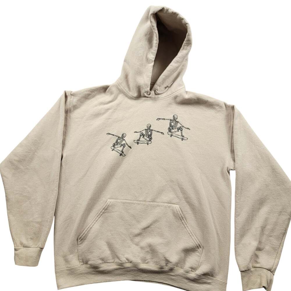 Bowery Supply Company Skateboarding Skeletons Pullover Hoodie Mens Large Beige